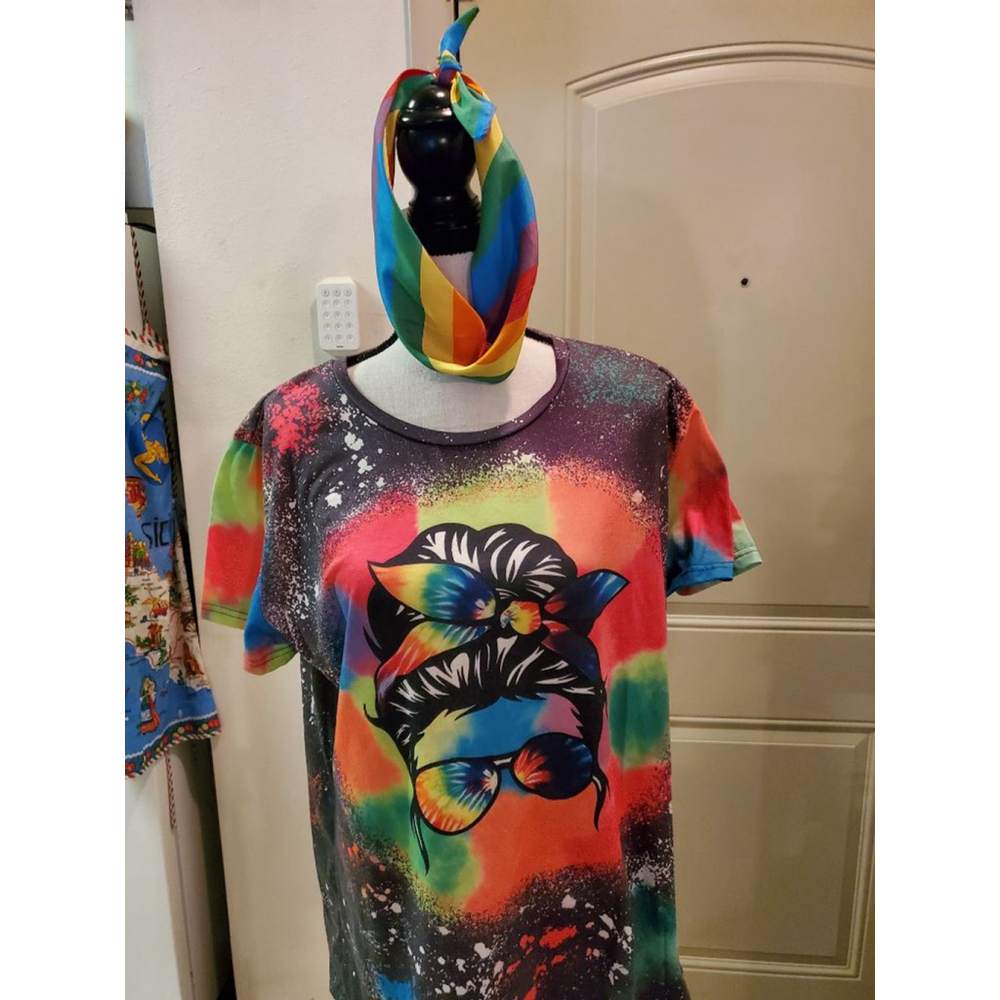 Messy bun Women's Multicolor Graphic T-Shirt with rainbow bandana.